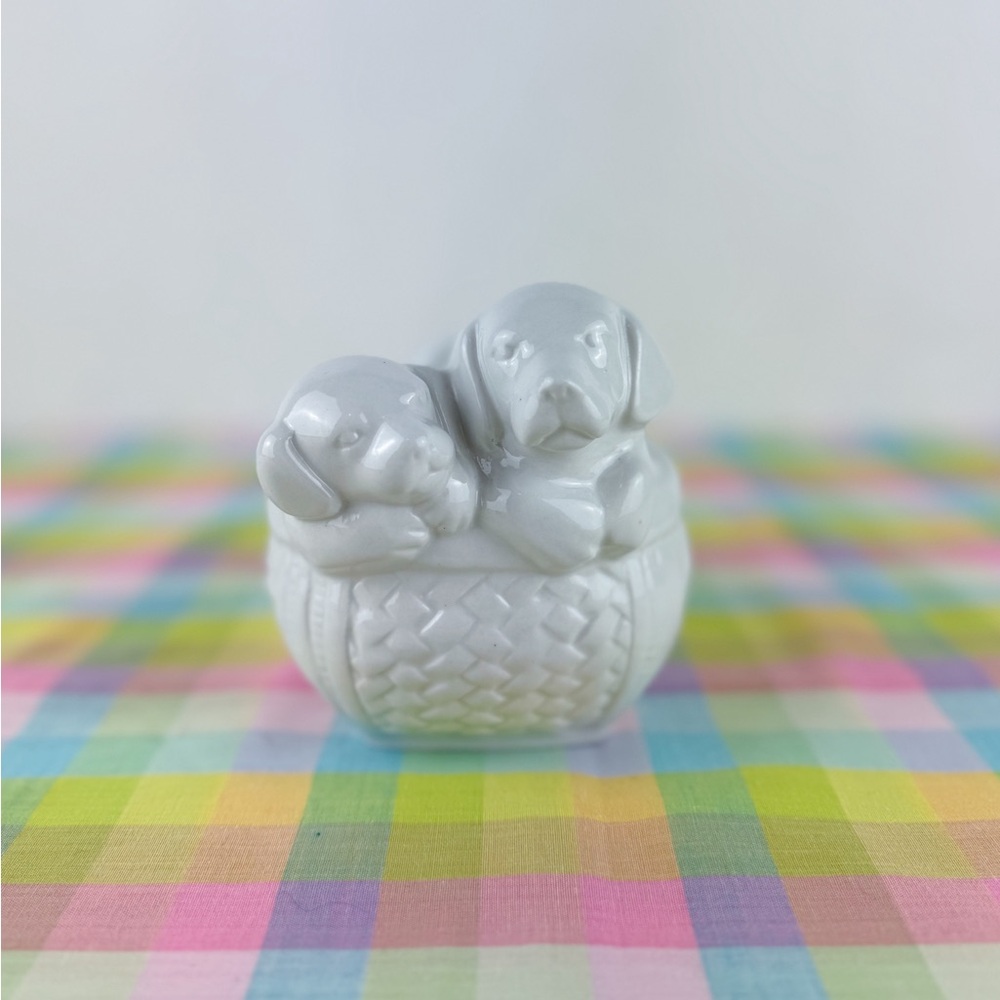 Puppies In Basket Small Trinket Dish Or Planter